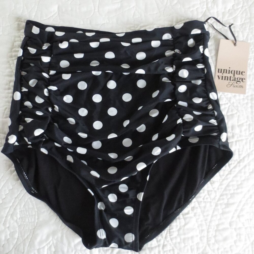 Unique Vintage High-Waist Black & White Polka Dot Swim Bottom
